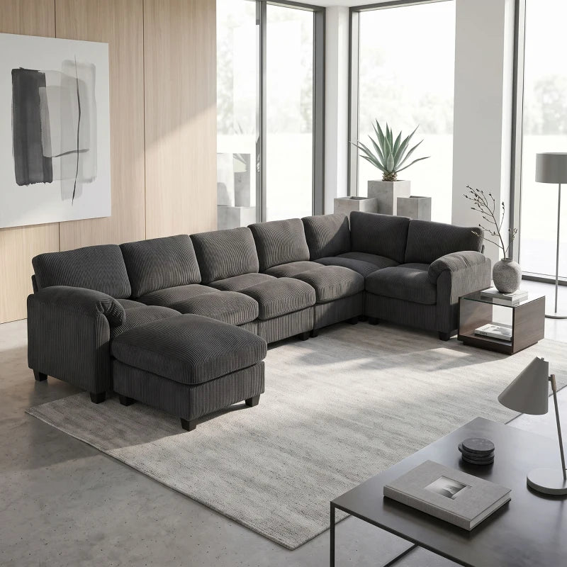 Modular U-Shaped Sectional Sofa – Charcoal Grey Corduroy Couch with Spring Cushions, Reconfigurable Design