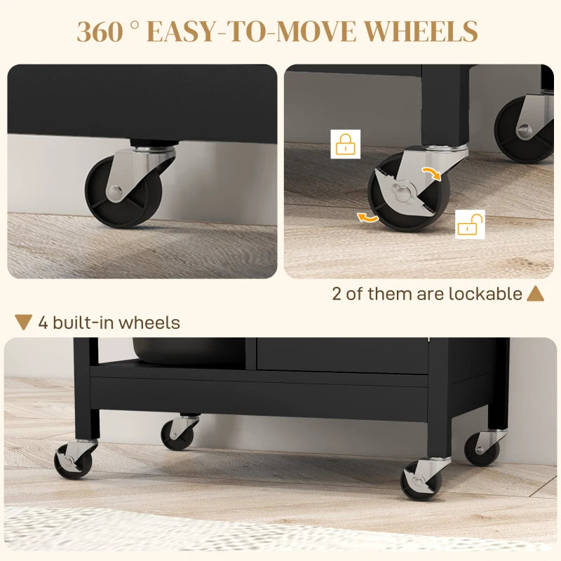 Modern Rolling Kitchen Island Cart with Drawer, Natural Wood Top, Towel Rack, Door Storage Cabinet, Black