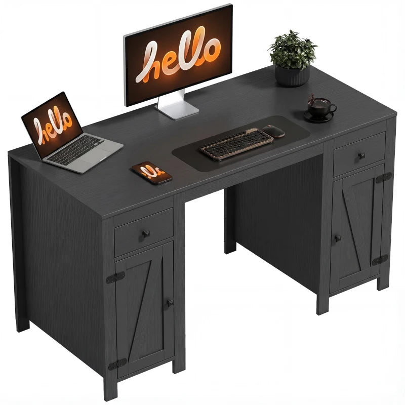 53" Farmhouse Executive Desk, Computer Desk with Drawers and 2 Cabinets, Study Table for Home Office, Black Wood Grain