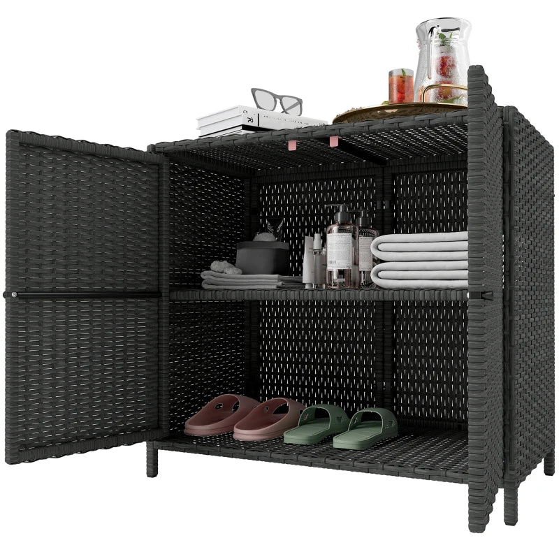 Wicker Outdoor Storage Cabinet Double Magnetic Doors, PE Rattan Outdoor Towel Rack for Pool, Patio, Dark Grey