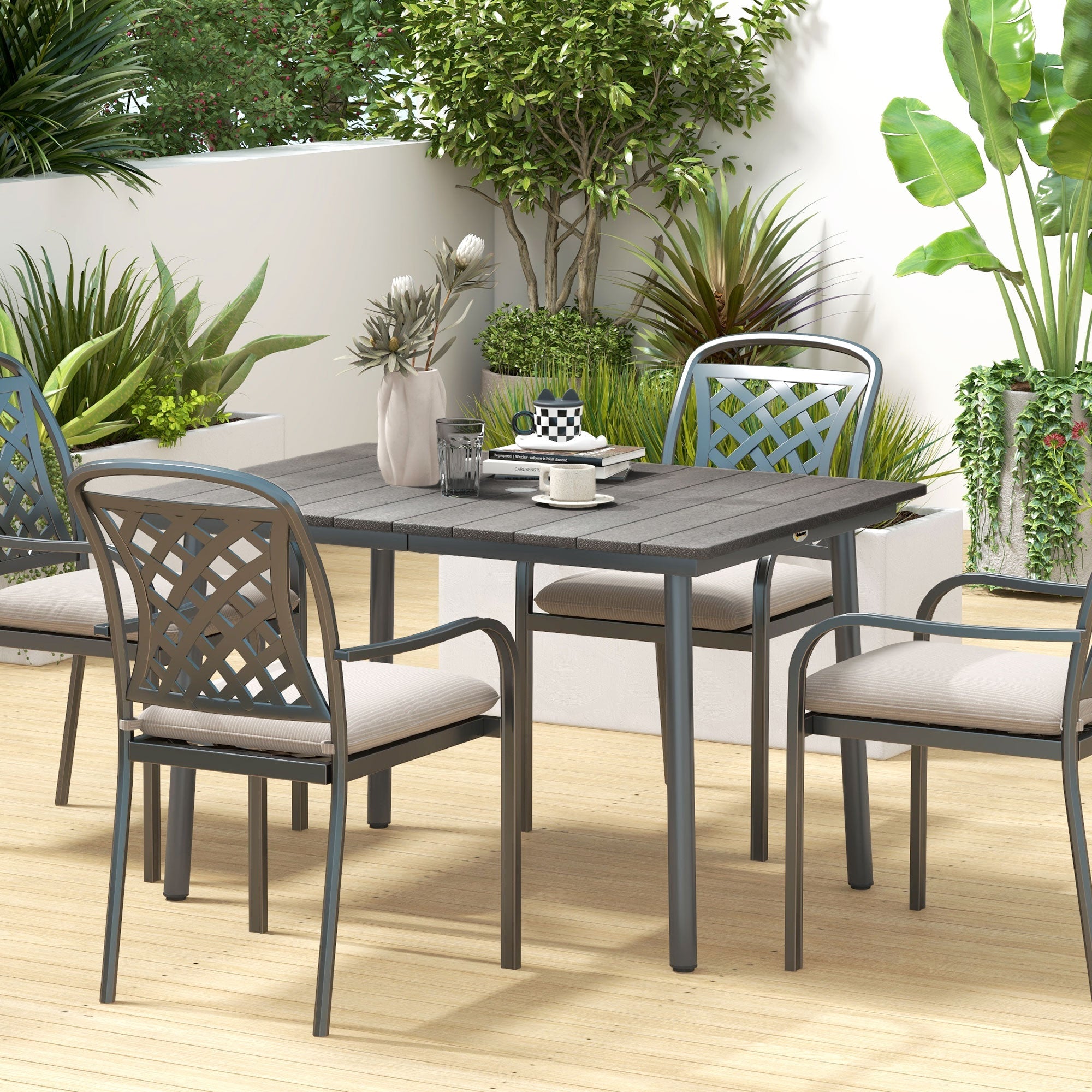 Outsunny 47" Aluminium Outdoor Dining Table with Umbrella Hole & HDPE Slatted Top in Dark Grey for Backyard 
