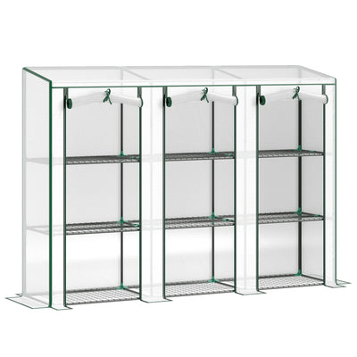 Outsunny Lean-to Greenhouse with 3 Tier Shelves, Mini Greenhouse with 3 Roll-Up Doors for Indoor Outdoor, White 