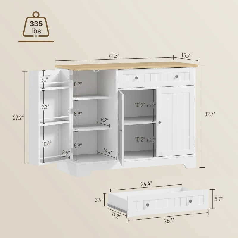 Modern Sideboard Cabinet, 41" Kitchen Buffet Cabinet with Drawer, Adjustable Shelf, 3 Doors for Dining Room, White