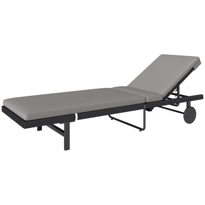 Outsunny PE Rattan Tanning Chair, Outdoor Patio Lounger with 5-Level Adjustable Back, Wheels and Cushion, Grey 