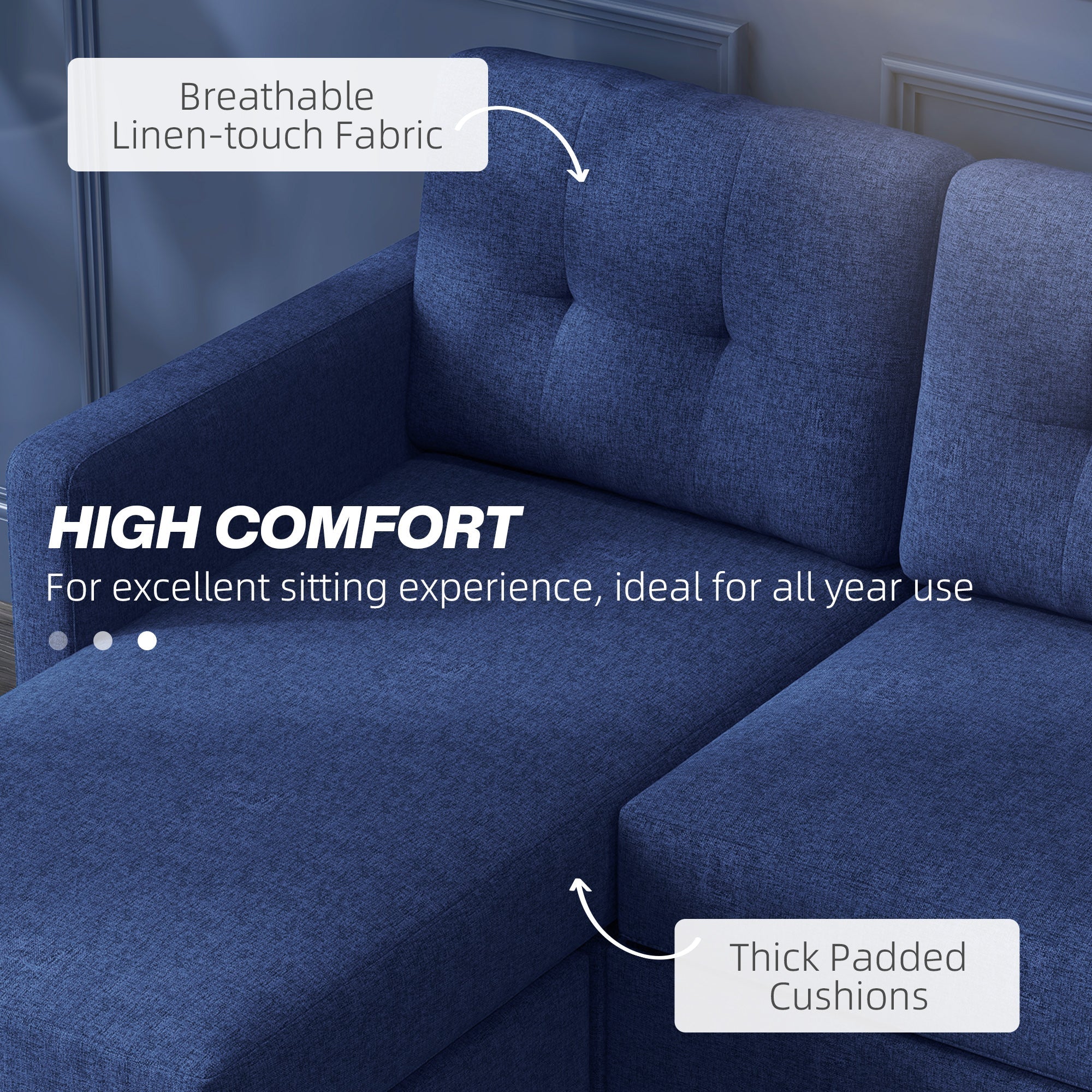 HOMCOM L-shaped Sofa, 3 Seater Sectional Couch with Ottoman, Corner Sofa with Thick Padded Cushion and Wood Legs, Dark Blue 