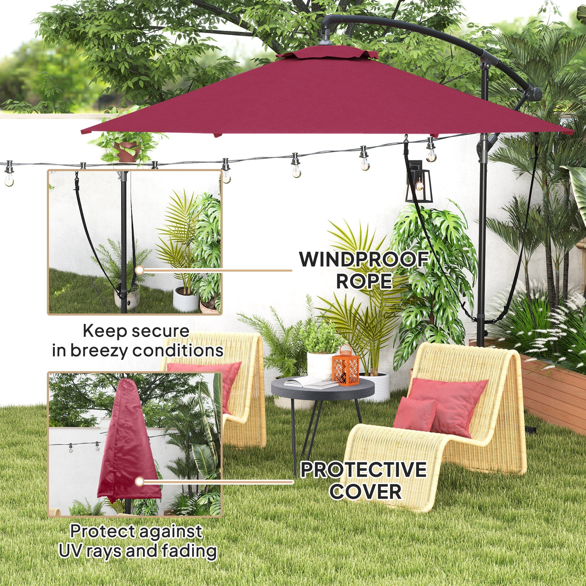 Outsunny 9.5' Cantilever Umbrella with Wind Protection Strap and Cover, Hanging Umbrella with Crank and Cross Base, UPF 50+, Red 