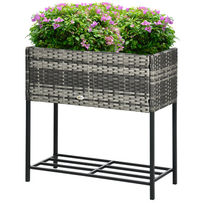 Outsunny Rattan Raised Garden Bed - Elevated Planter Boxes with Storage Shelf for Herbs, Vegetables, Grey 
