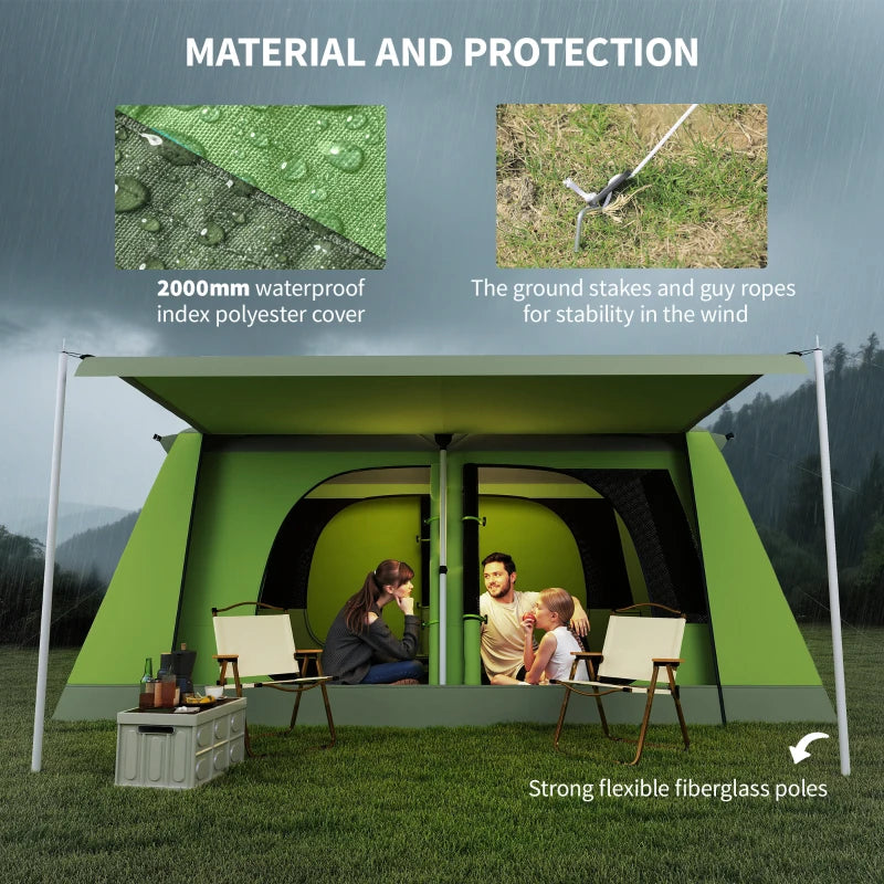 Tunnel Tent Camping Shelter w/ Porch, Two Rooms, Lamp Hook, Portable Carry Bag, Green