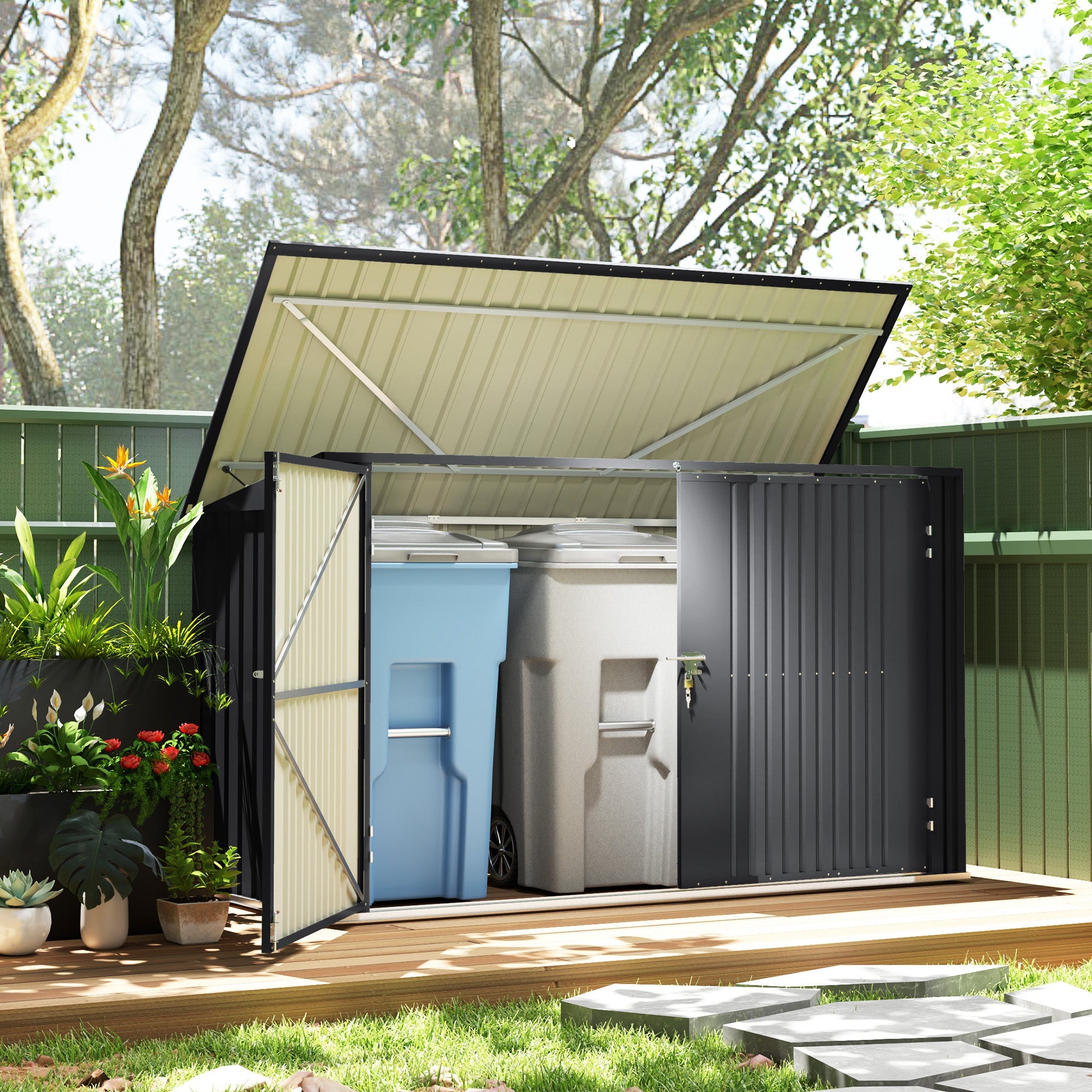 Outsunny 7.6 x 3.4ft Outdoor Storage Shed, Triple Garbage Bin Shed Organizer with Lockable Double Doors and Openable Lid 