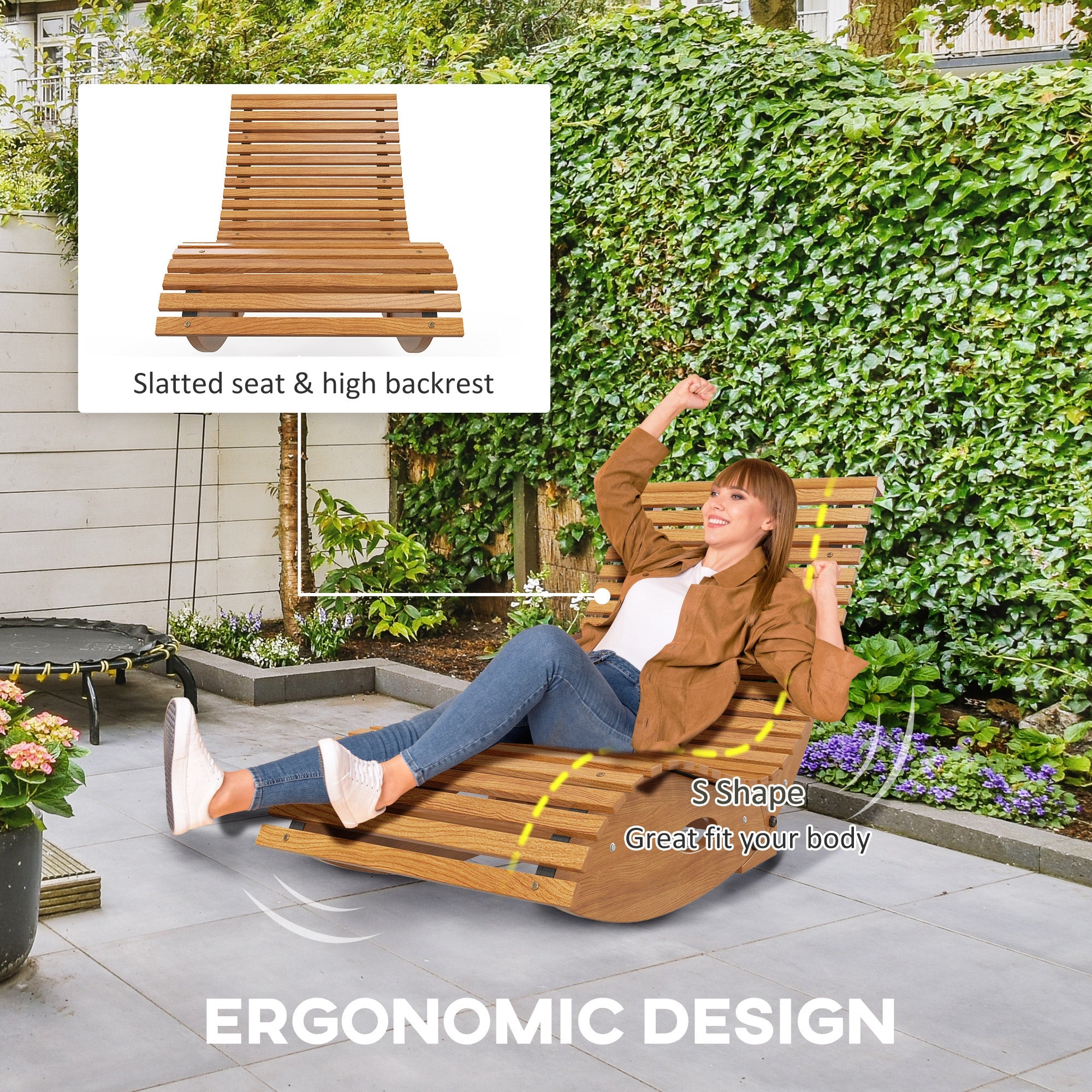 Outsunny Outdoor Rocking Chair w/ Slatted Seat, Wooden Rocking Chair, 51.2" x 23.6" x 23.6", Teak, 