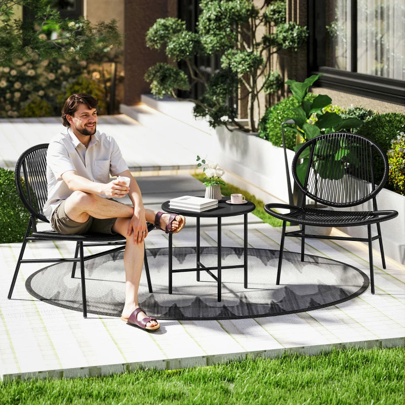 Rattan Bistro Set, 3 Pieces Wicker Patio Furniture Set, Acapulco Chairs and Steel Table for Porch, Balcony, Black