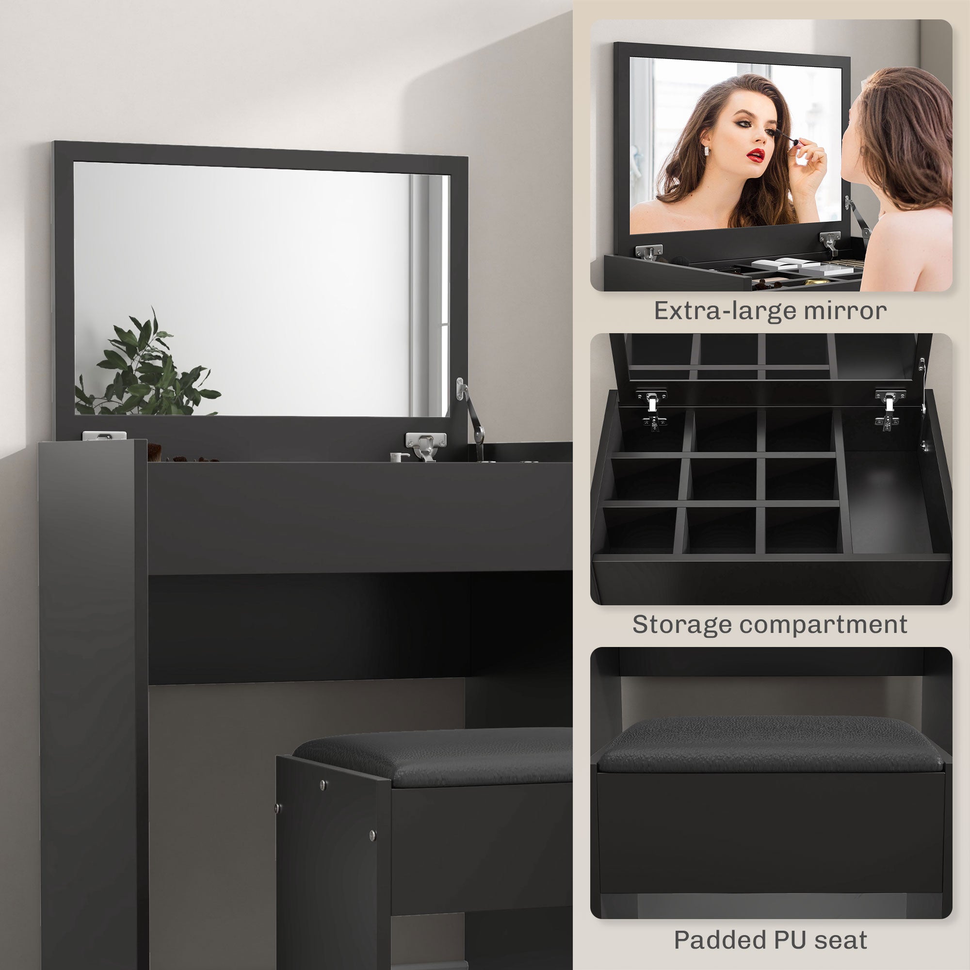 HOMCOM Modern Vanity Set with Makeup Table and Cushioned Stool, Dressing Table with Flip Top and Mirror for Bedroom, Black 