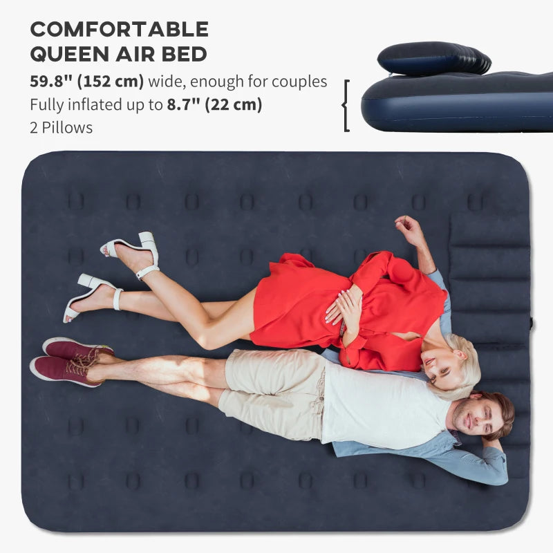 Queen Size Air Mattress Camping Air Bed with 2 Pillows and Hand Pump, Blue