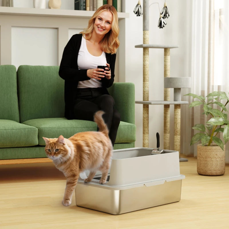 XL Stainless Steel Cat Litter Box for Big and Multiple Cats with High Wall Side, Scoop, Easy Cleaning & Odor Free
