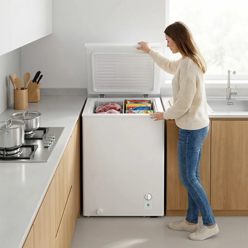 Mini Freezer, 3.5 Cu.Ft Chest Freezer with 5-Setting Adjustable Thermostat, Wire Basket, Quiet Operation, White