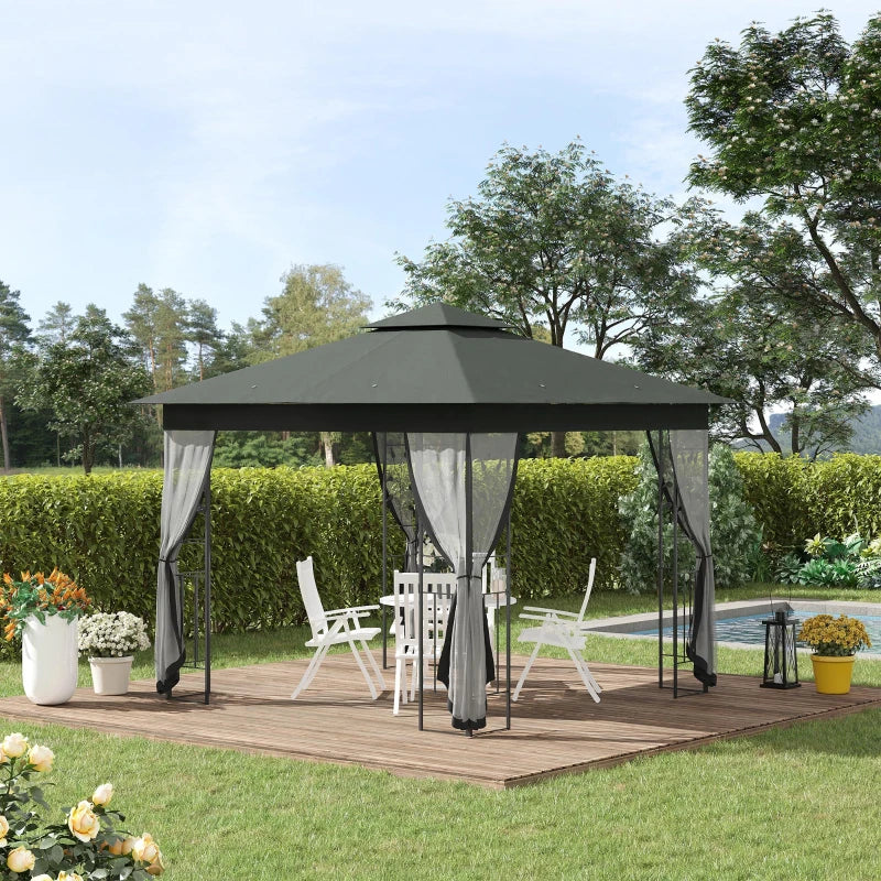 Outsunny 10x10 Steel Patio Gazebo Soft-Top Sun Shelter with 2-Tier Roof & Curtain Sidewalls in Grey