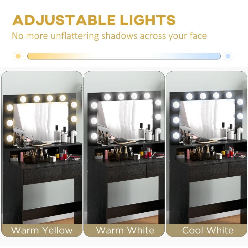 Vanity Table, Makeup Dressing Table with LED Lighting Mirror, Drawers, for Bedroom, Black