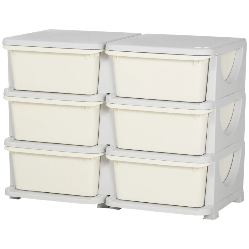 Qaba 3 Tier Kids Toy Organizer and Storage Bins with 6 Plastic Drawers, Cream White