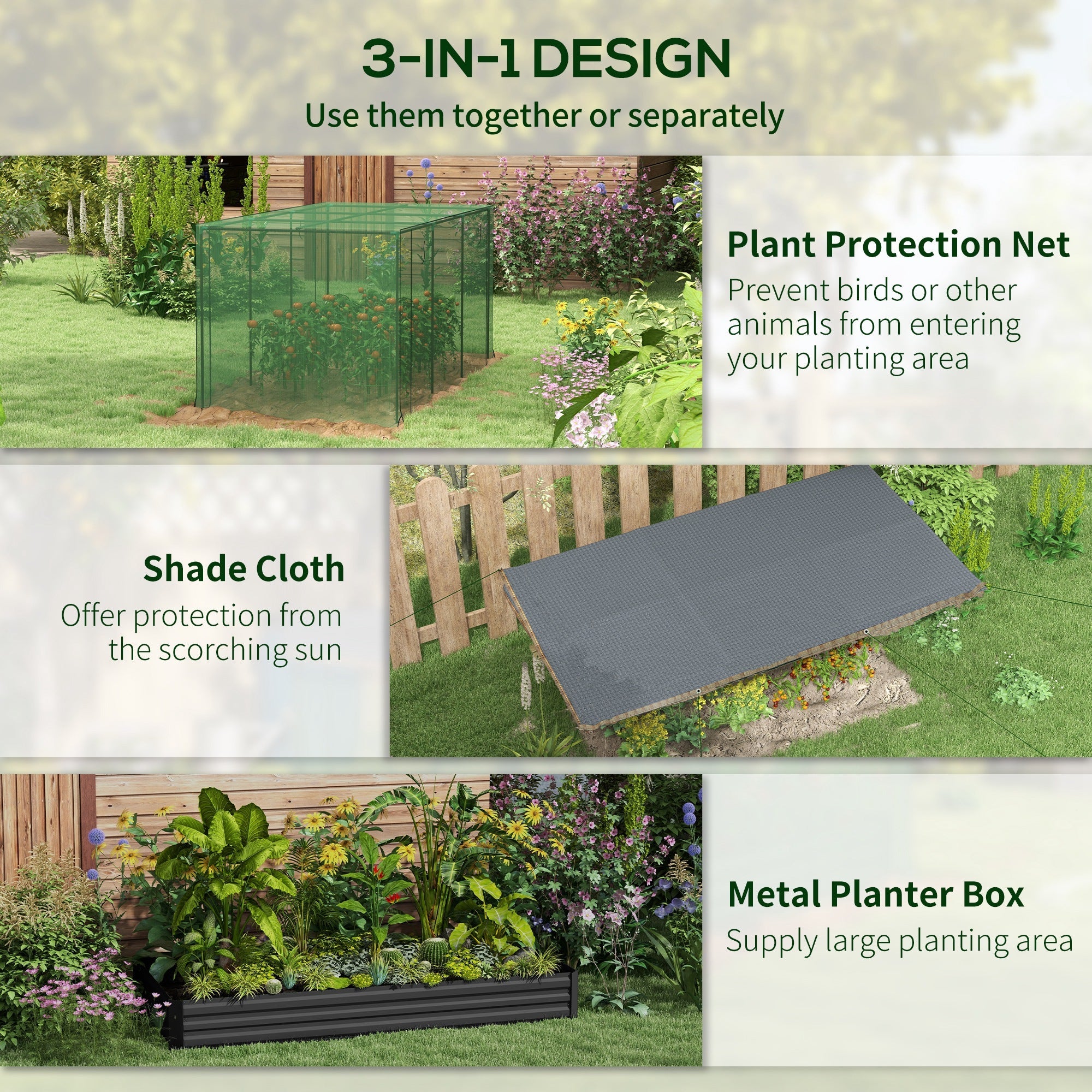 Outsunny Galvanized Steel Planter Box with Crop Cage and Shade Cloth, Raised Garden Bed for Flowers, Vegs and Herbs 
