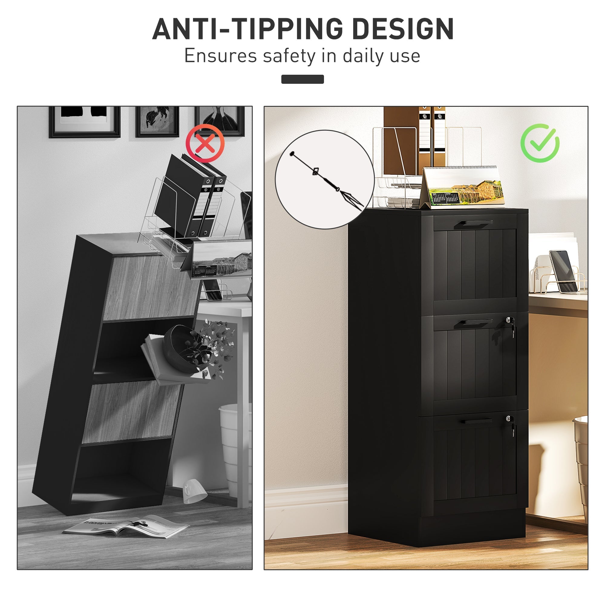 HOMCOM 3 Drawer Filing Cabinet with Lock, Office Storage Cabinet with Adjustable Hanging Bars for A4 Letter Size Files, Black 