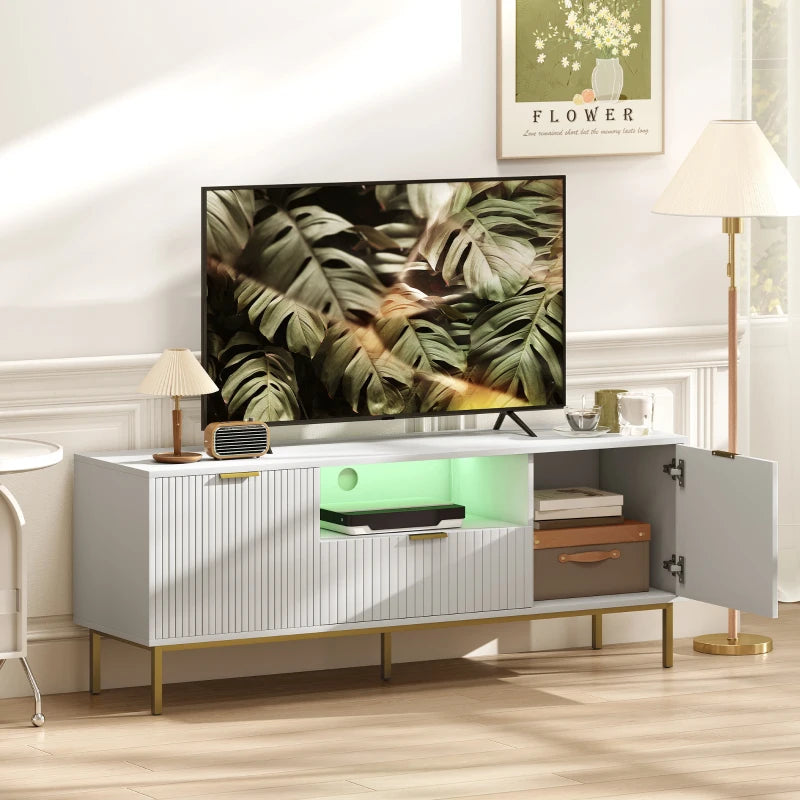 Modern TV Console for TVs up to 60 Inch, Entertainment Center with Smart RGB LED Lights and Soft Close Doors, White