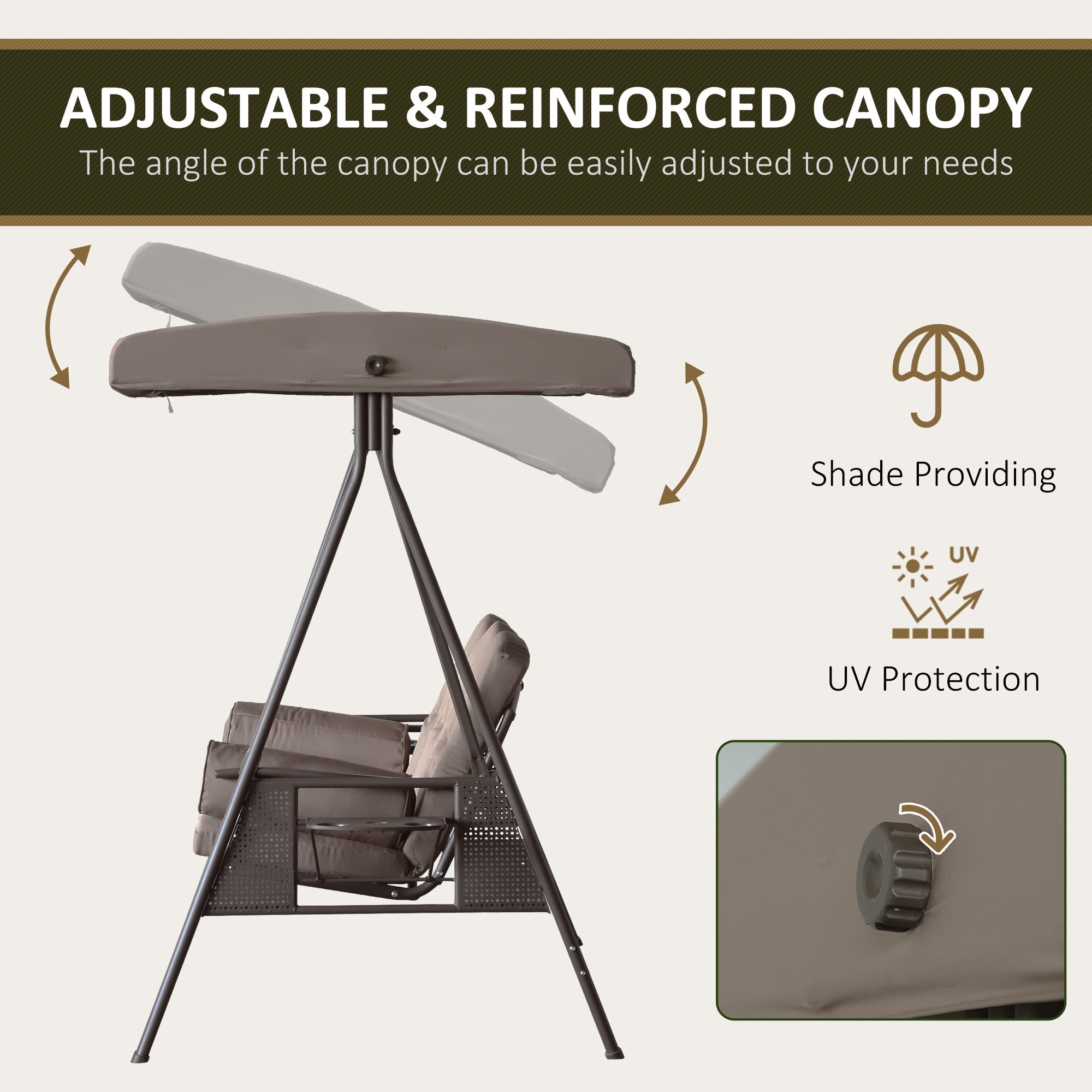Outsunny 3-Person Porch Swing Chair Heavy Duty Outdoor Lounge Hammock with Cushioned Seat and Tilt Canopy Brown 