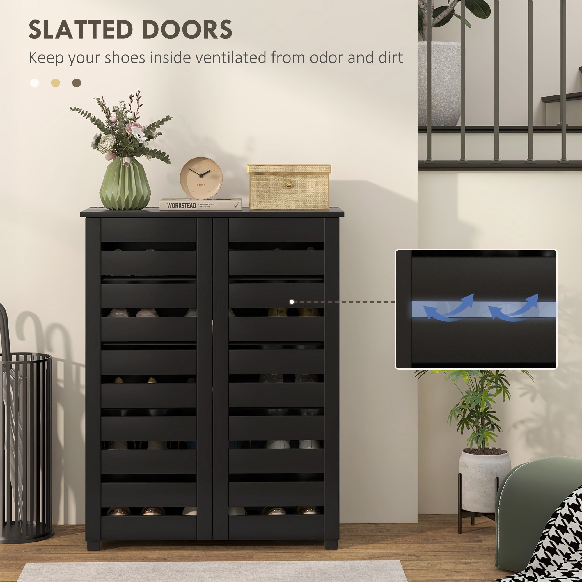 HOMCOM Shoe Storage Cabinet, Shoe Cabinet with 2 Slatted Doors for 15 Pairs of Shoes, Black 