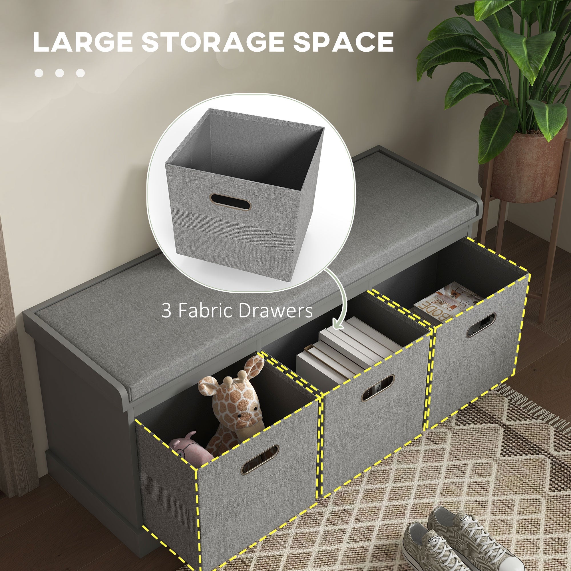 HOMCOM Shoe Storage Bench with Seat, Entryway Bench Seat with Cushion, 3 Fabric Drawers for Hallway, Grey 