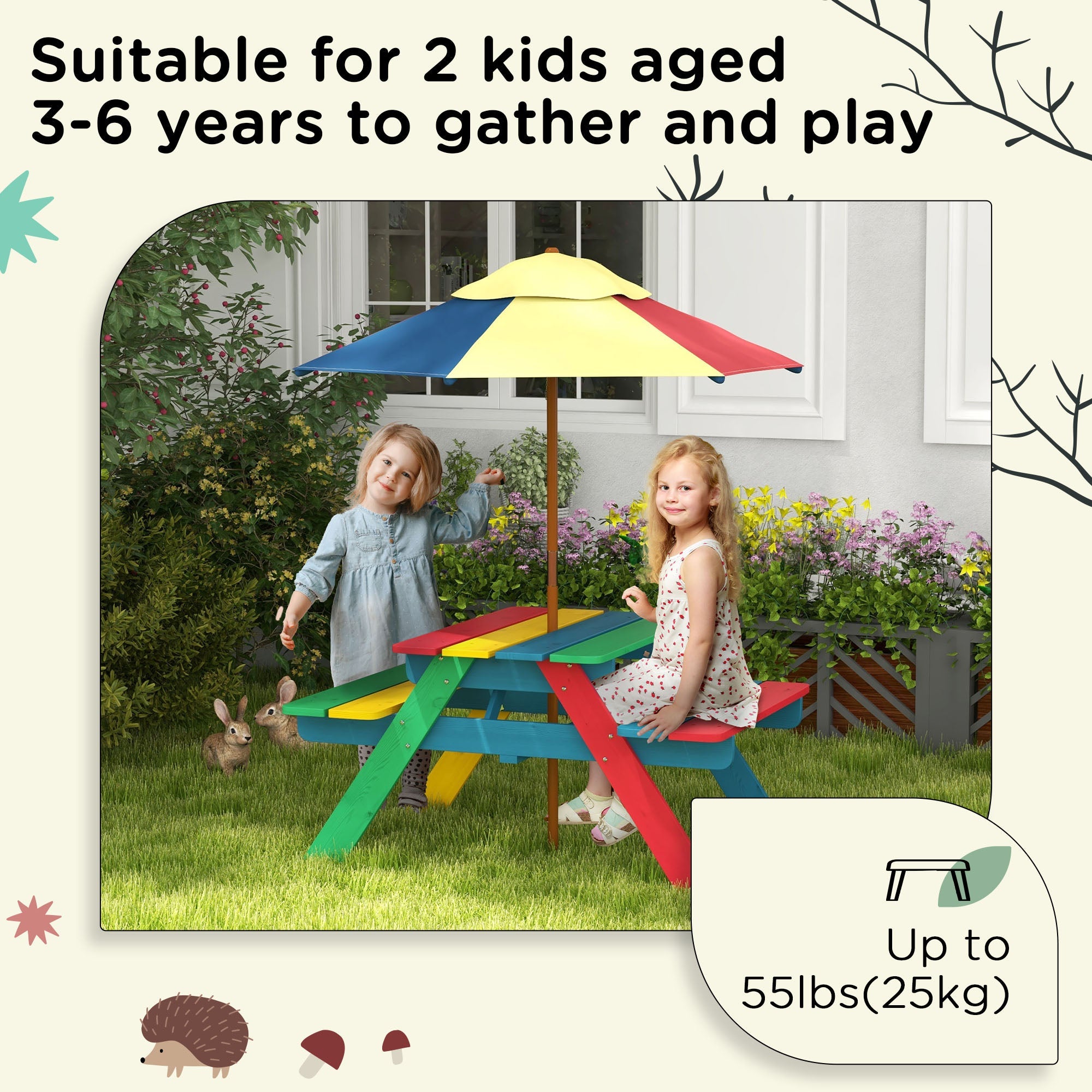 Outsunny Kids Wooden Picnic Table Bench Set with Removable Umbrella, Ideal for Backyard, Garden, Ages 3-6 