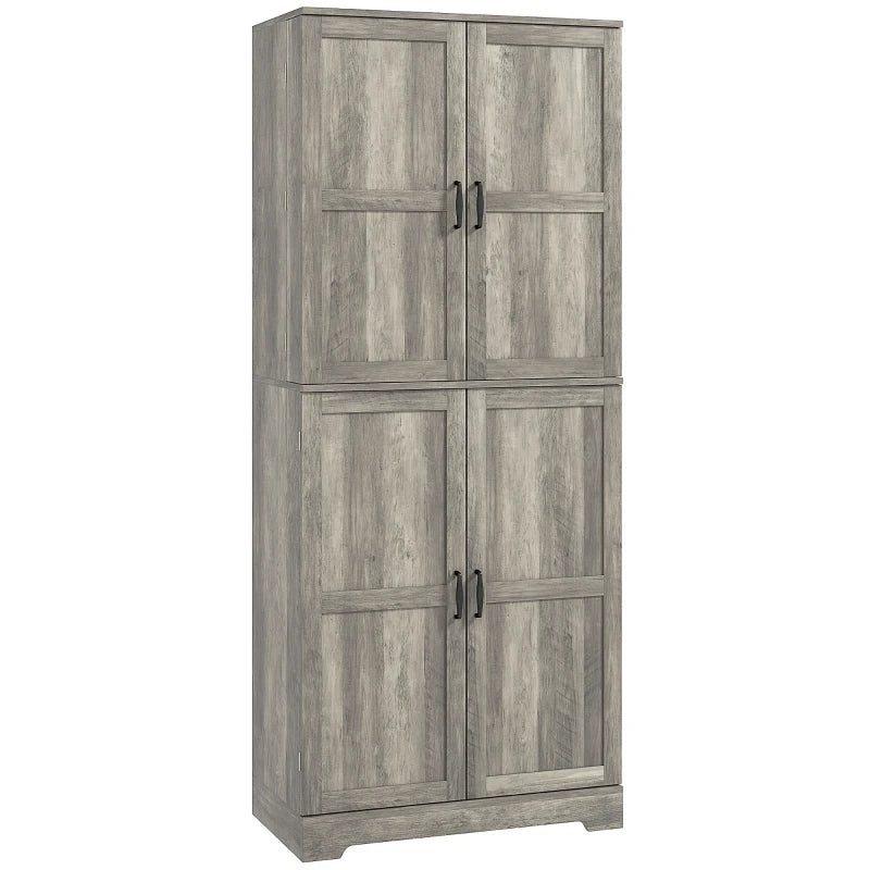Farmhouse Kitchen Pantry Cabinet, Kitchen Cabinet with Barn Doors, Adjustable Shelves and Door Racks, Distressed Grey