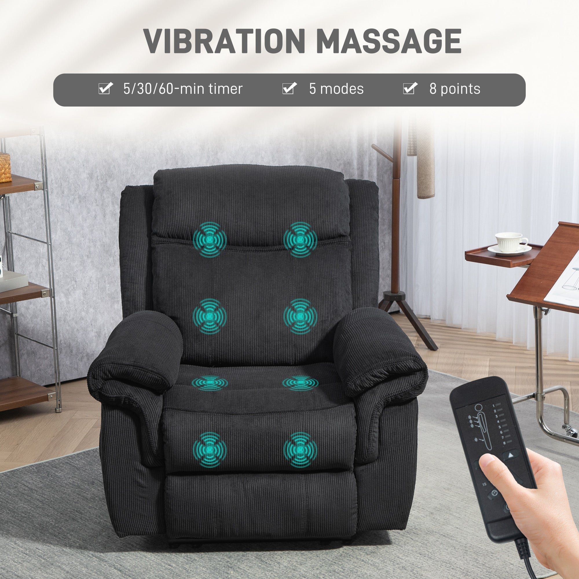 HOMCOM Manual Recliner Chair with Vibration Massage, Side Pockets, Corduroy Reclining Chair for Living Room, Black 