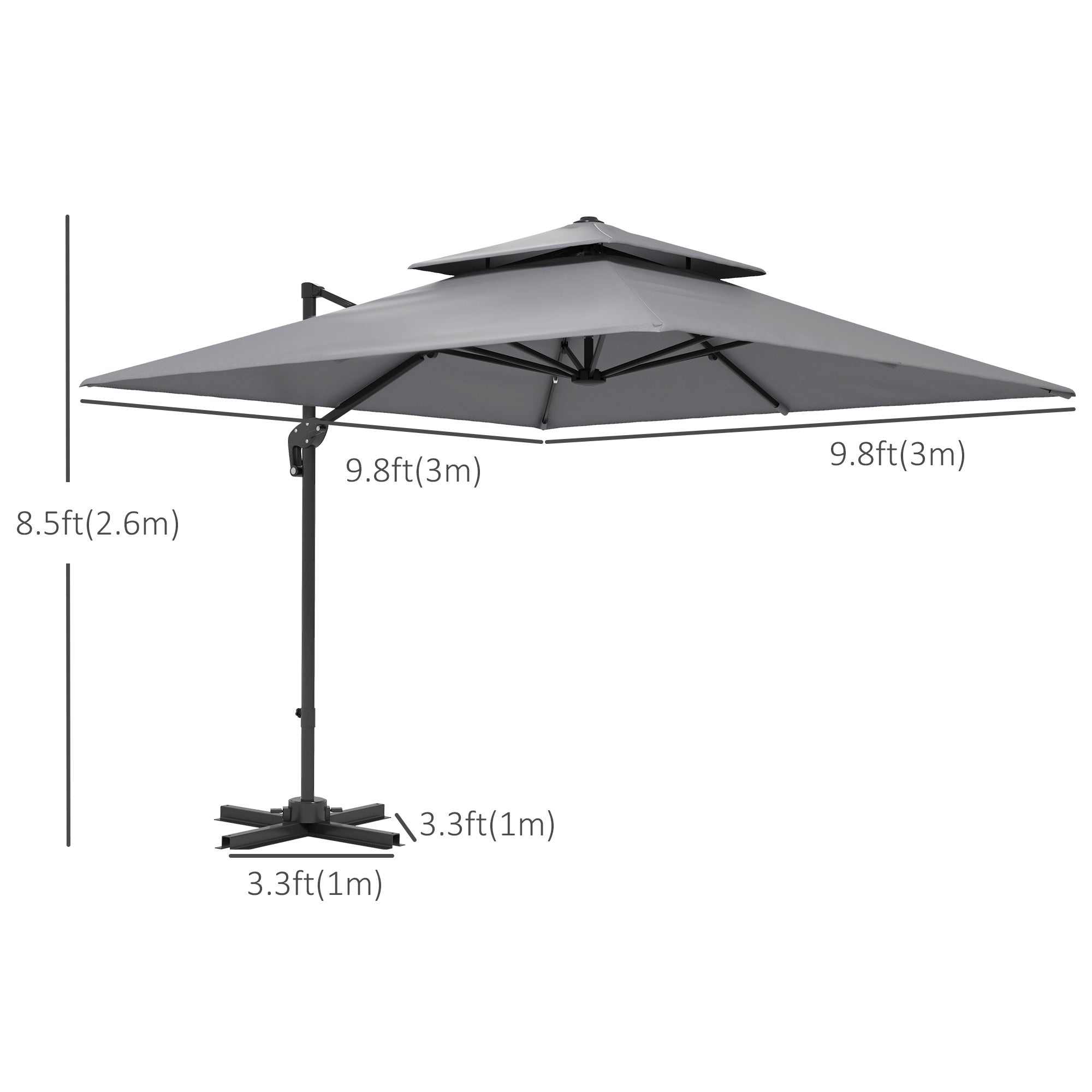 Outsunny 10'x10' Cantilever Patio Umbrella Double Top Square Offset Umbrella 360° Rotation Light Grey 