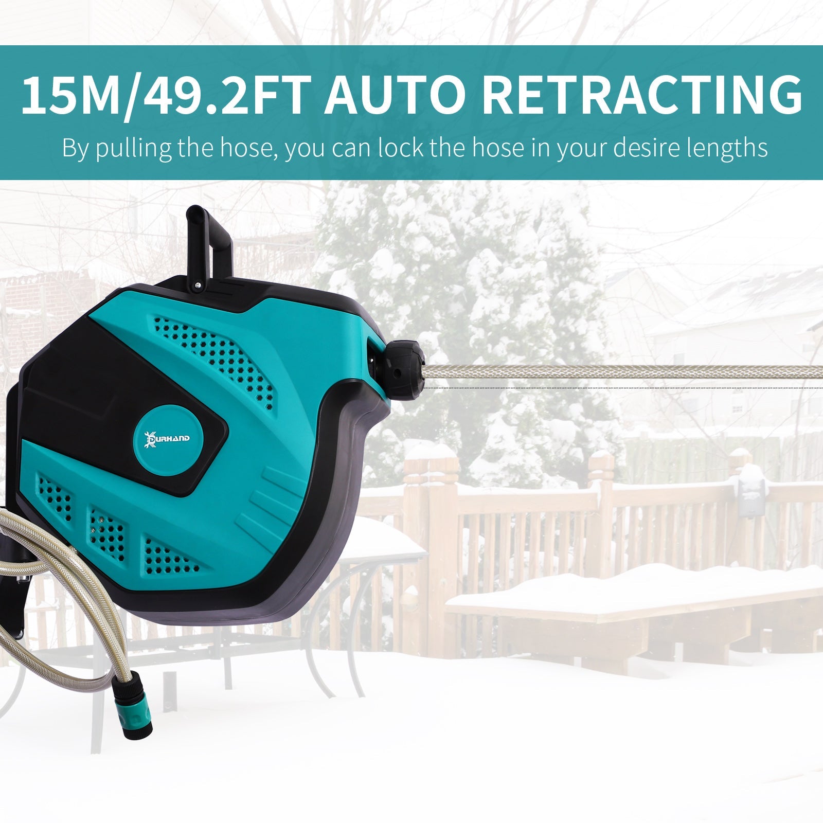 Outsunny Retractable Garden Hose Reel 5/8 inch x 49 ft Wall Mounted with Automatic Rewind, 180° Swivel Bracket, Any Length Lock 