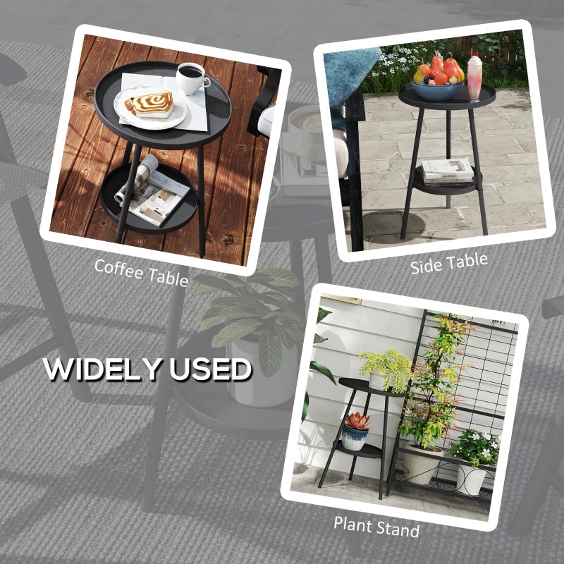 Round Garden Table, 2-Tier Small Side Table, Metal Patio Table Coffee Table Dining Table, Black