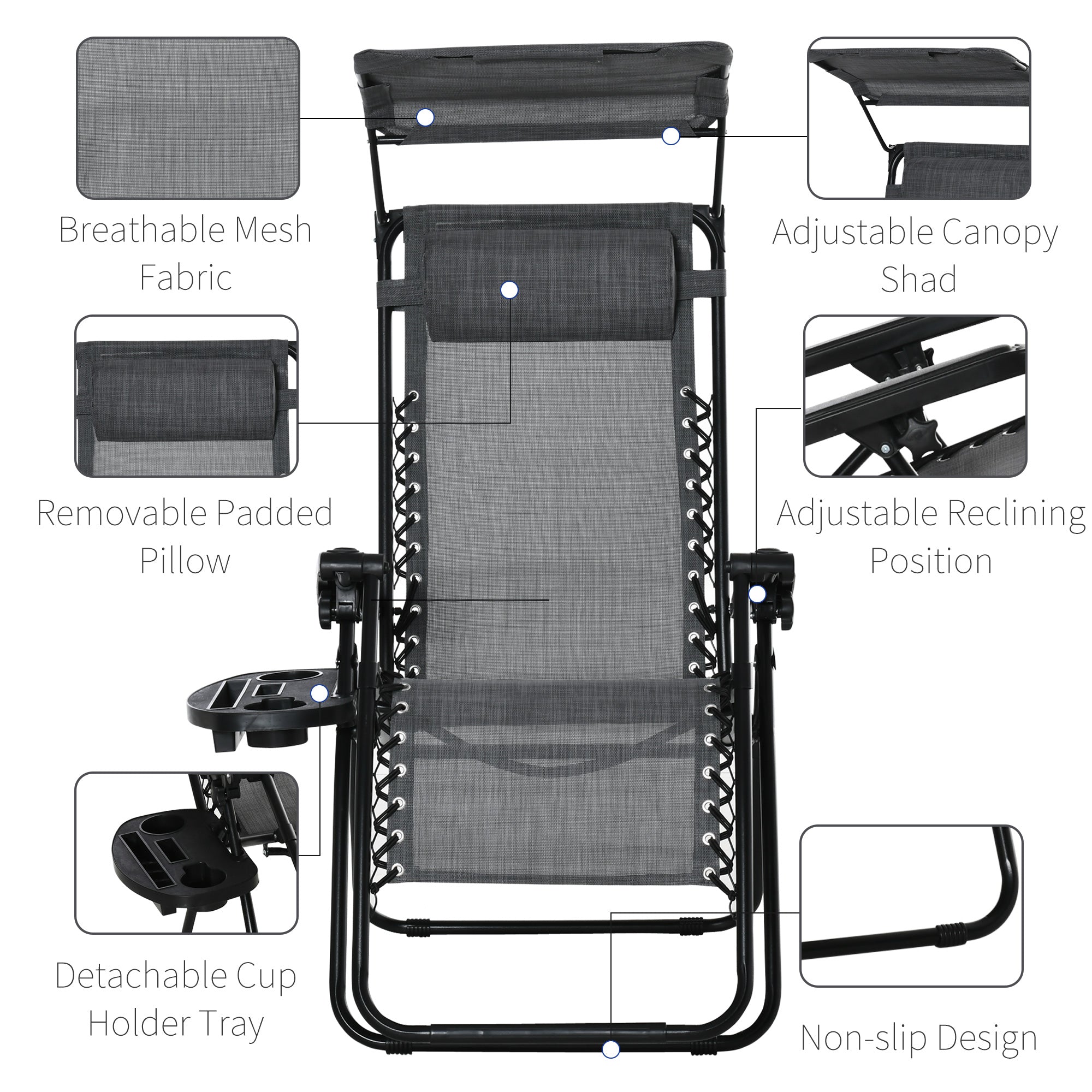 Outsunny Outdoor Zero Gravity Reclining Lounger Chair with Canopy Shade, Side Tray, Cupholder, Light Grey 