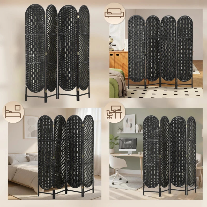 Bohemian Privacy Screen, Folding Room Divider with 4 Panels and Arched Top for Bedroom Living Room Office, Black