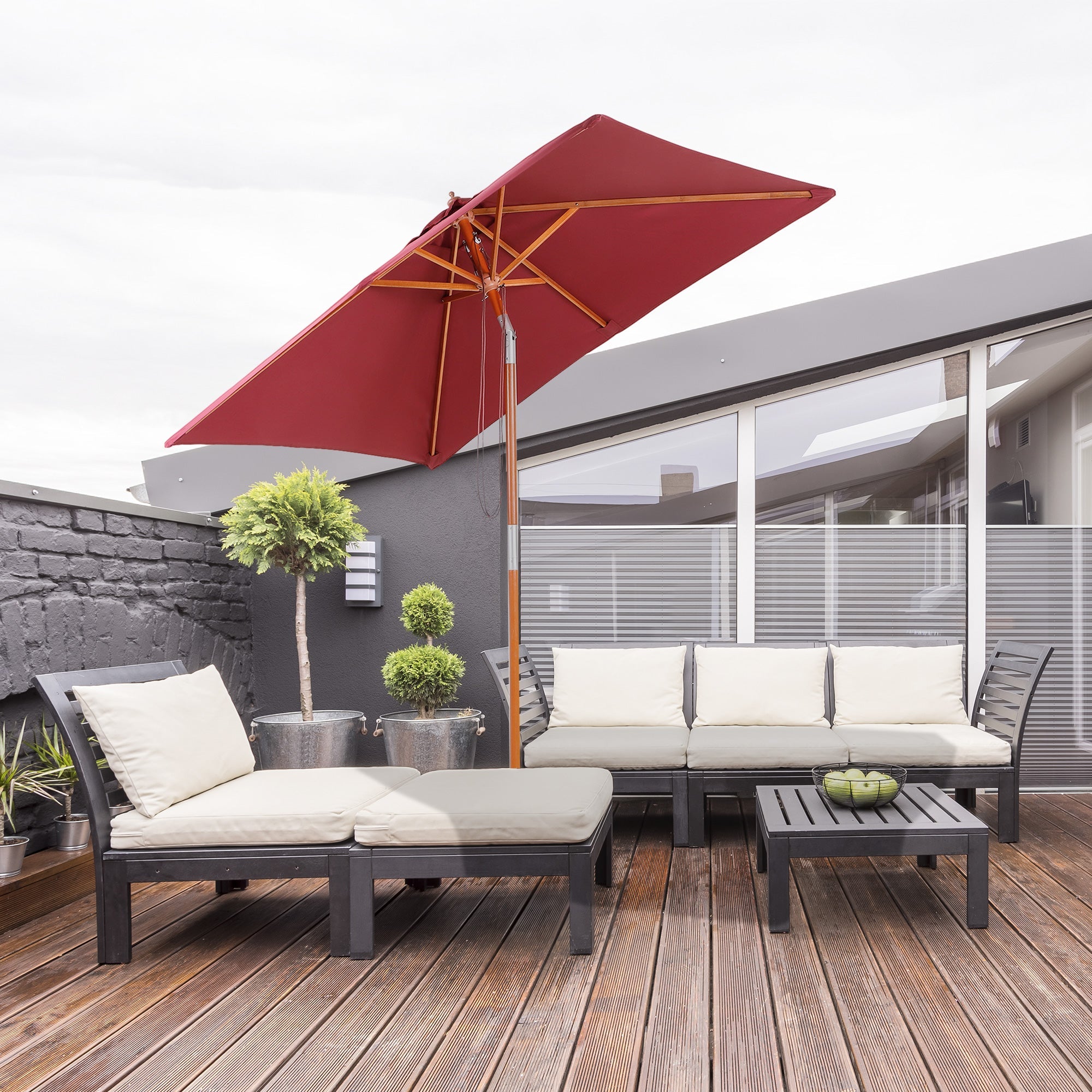 Outsunny 6.6x5ft Square Market Parasol, Wooden Patio Umbrella with Tilt Mechanism and 6 Bamboo Ribs, Garden Sunshade, Wine Red 