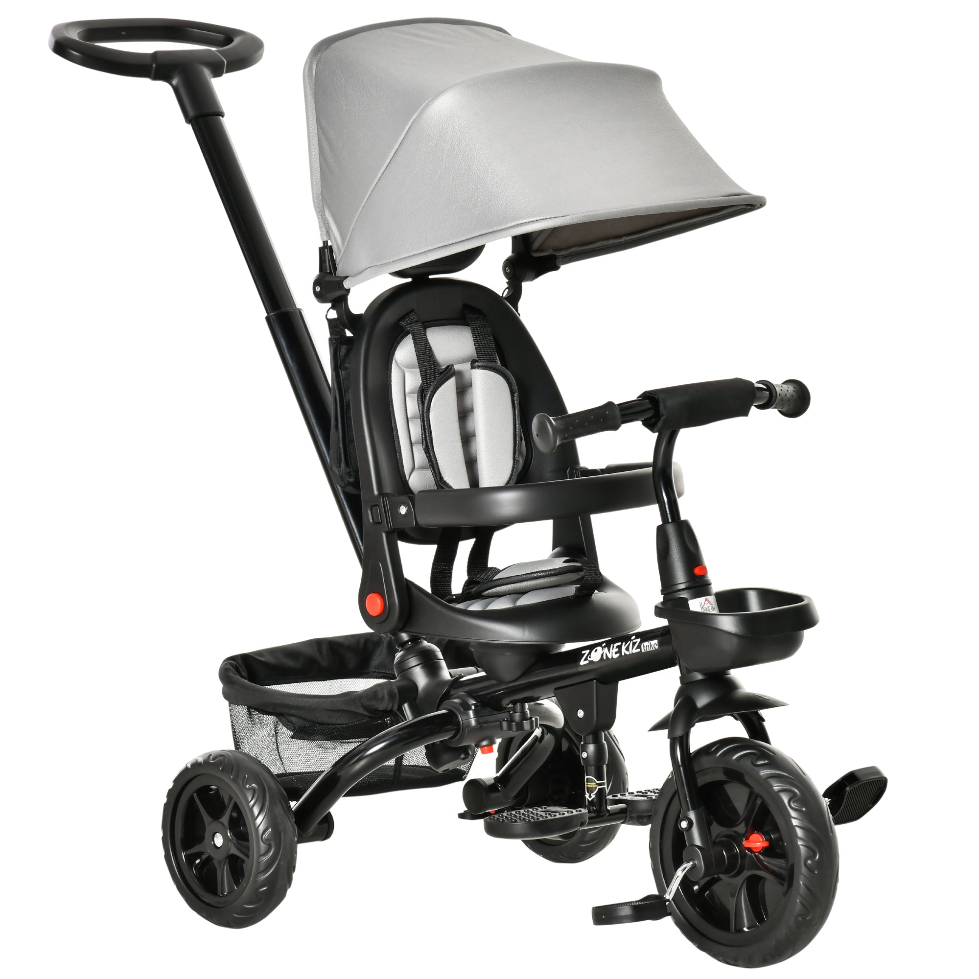 Qaba Baby Tricycle 4 In 1 Trike with Reversible Angle Adjustable Seat Removable Handle Canopy Handrail Belt Storage, Grey 
