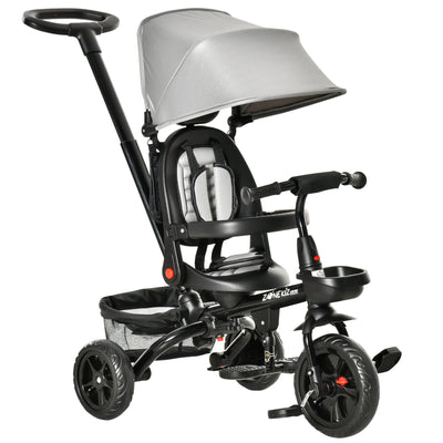 Qaba Baby Tricycle 4 In 1 Trike with Reversible Angle Adjustable Seat Removable Handle Canopy Handrail Belt Storage, Grey 