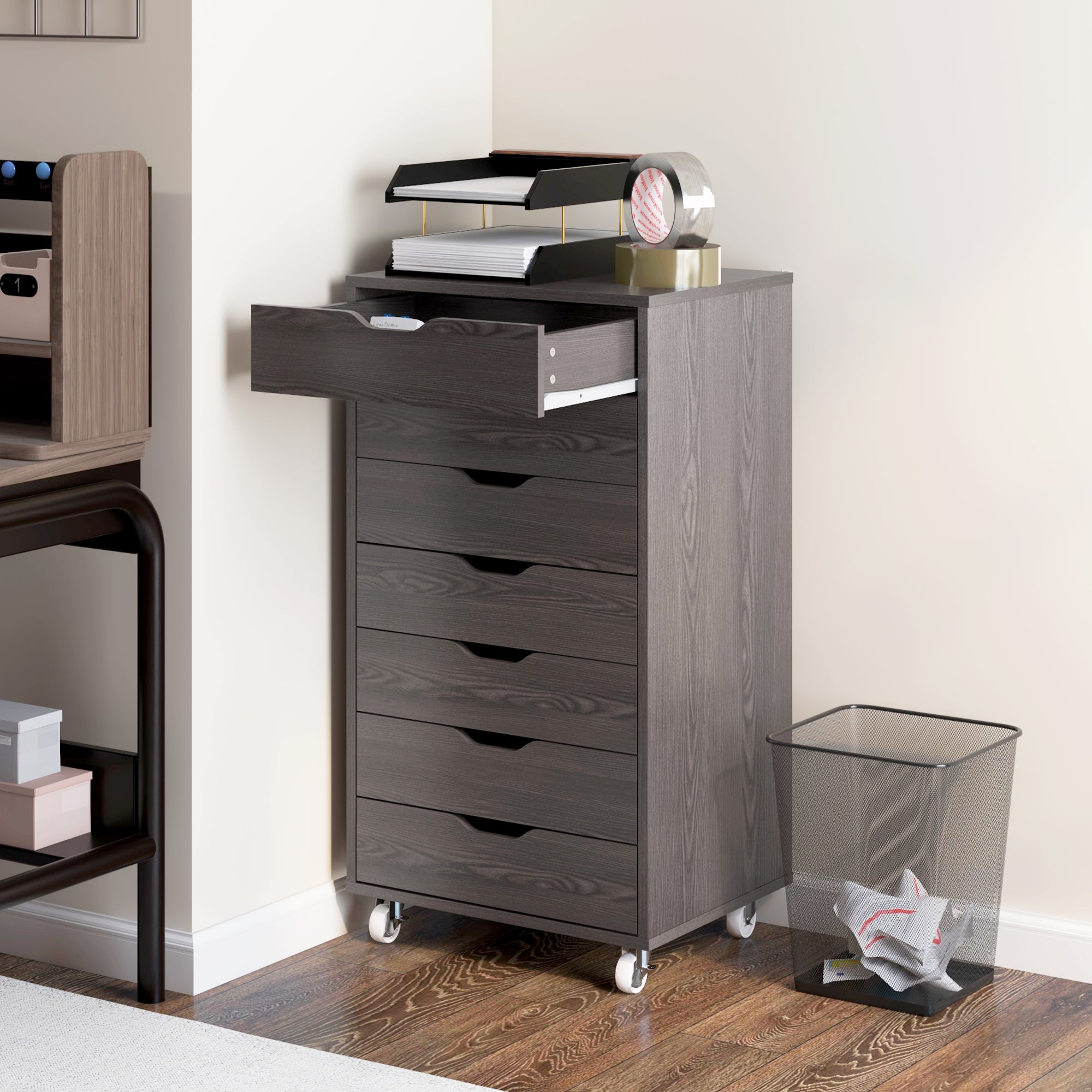 Vinsetto 7-drawer Vertical File Cabinet for Home Office, Storage Cabinet with Wheels, 18.7"x15.6"x35.4", Grey Wood Grain 