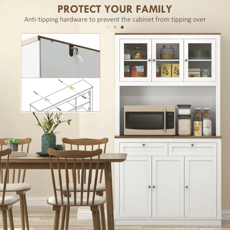 71" Kitchen Pantry Cabinet Small Glass-Door Dining Cabinet with Drawers Adjustable Shelves Microwave Space White