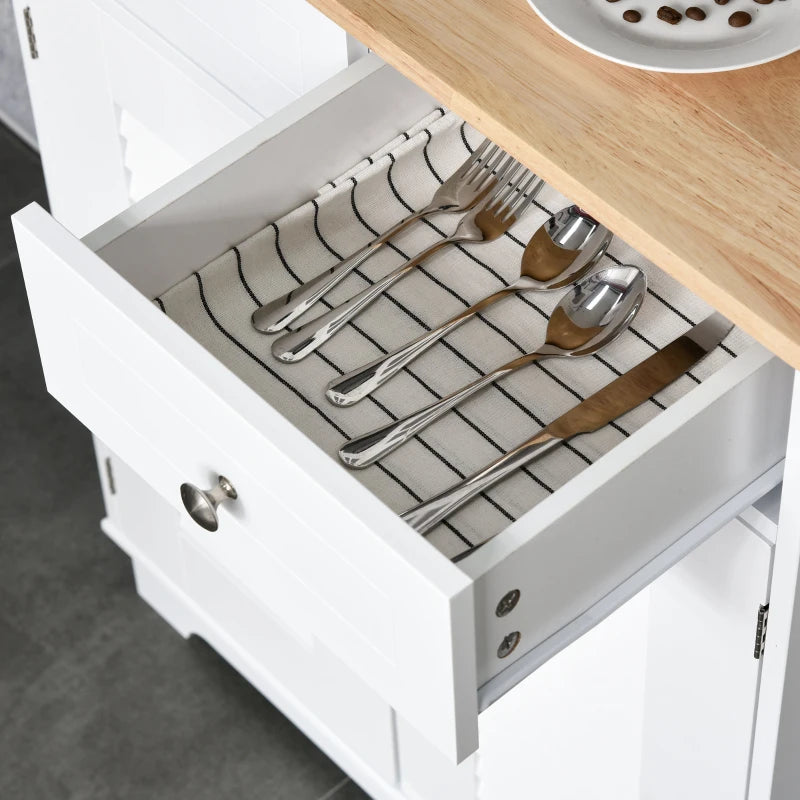 Coastal Style Kitchen Buffet and Hutch Wooden Storage Cupboard with Framed Glass Door LouveredCabinet  Drawers Microwave Space for Dining Room  Living Room  White