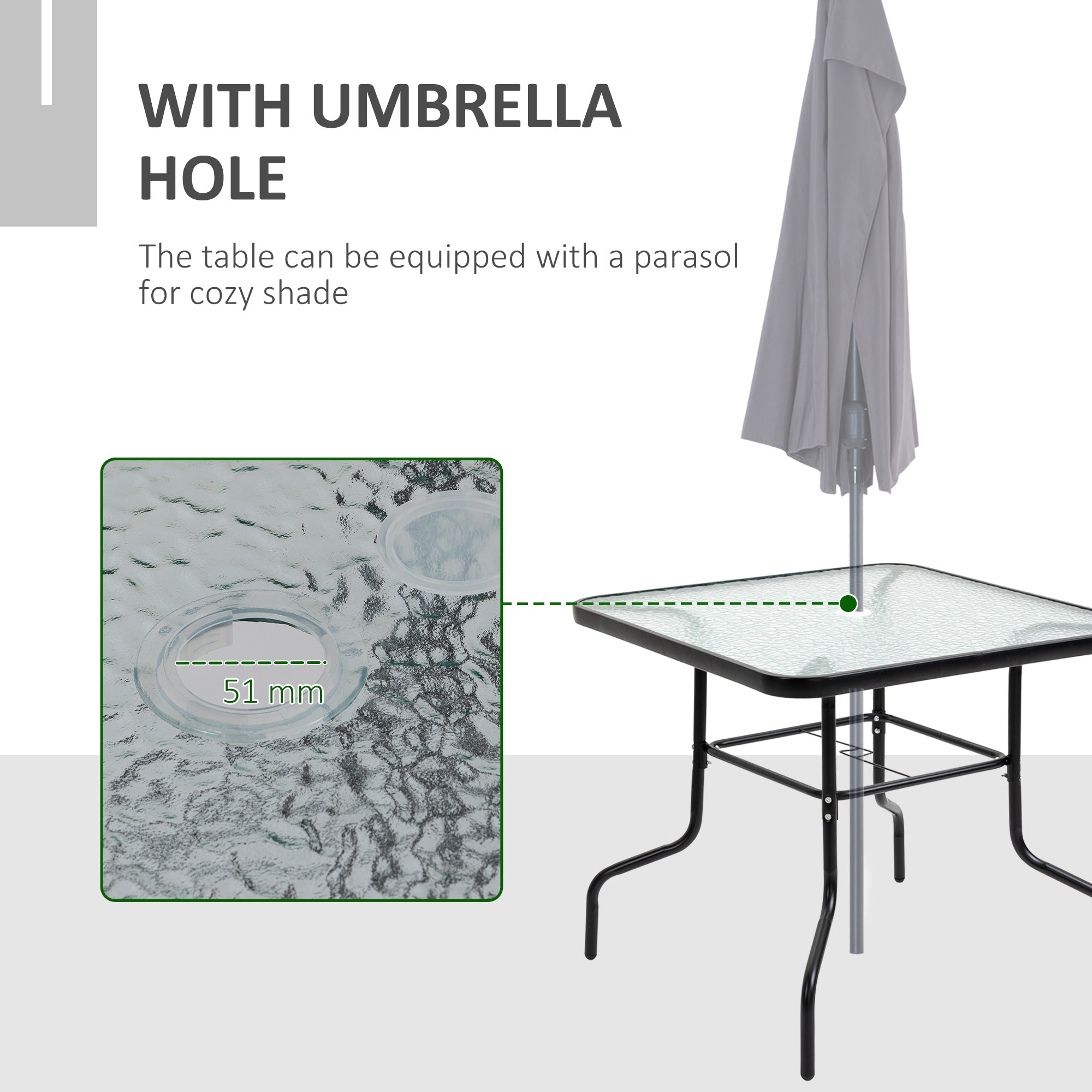 Outsunny 5 Pieces Patio Table and Chairs, Outdoor Dining Set with 4 Folding Chairs, Glass Tabletop and Parasol Hole, Grey 