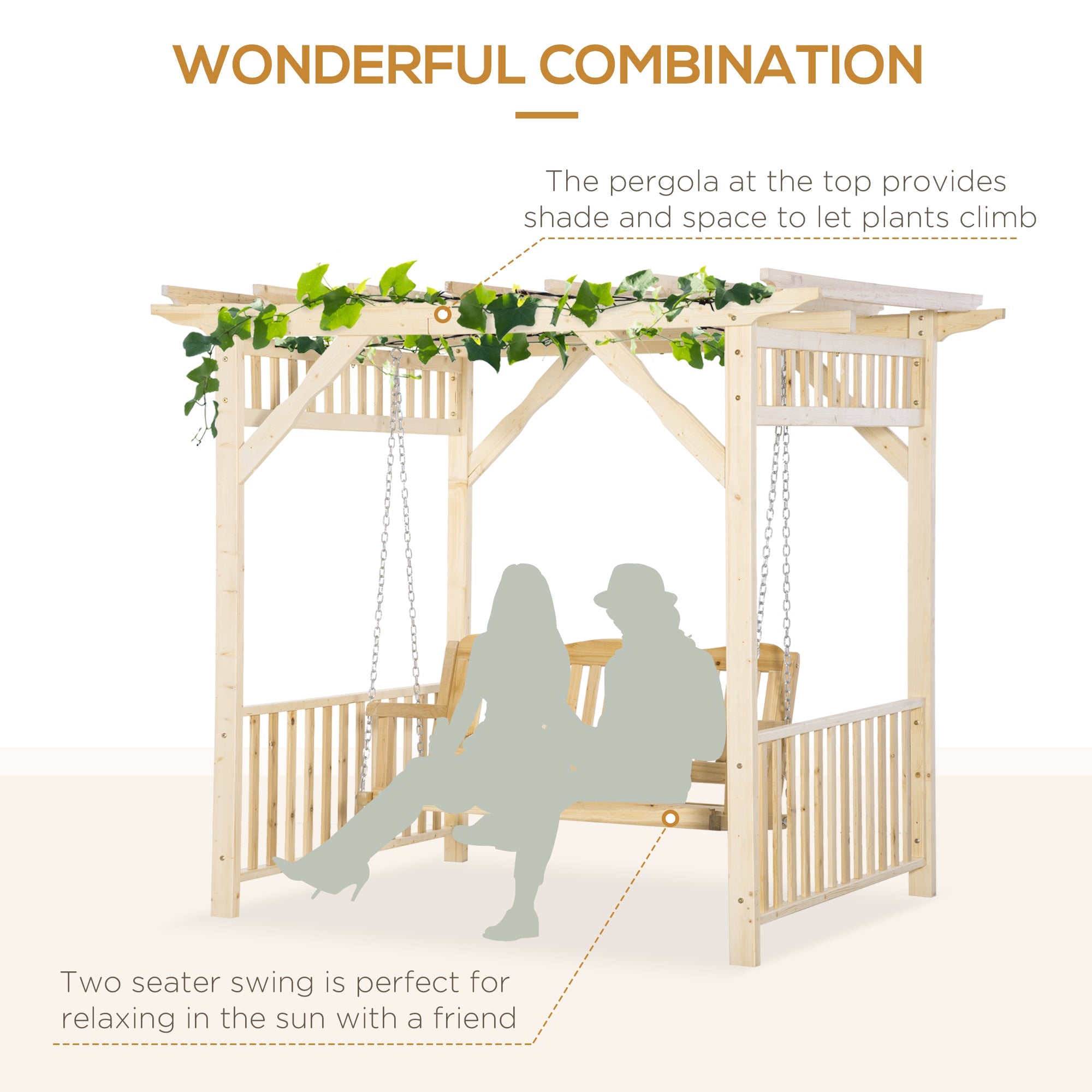 Outsunny Patio Swing Chair with Pergola, 2-Person Wooden Gazebo Swing Bench Sun Shelter for Garden, Poolside, Backyard, Deck 
