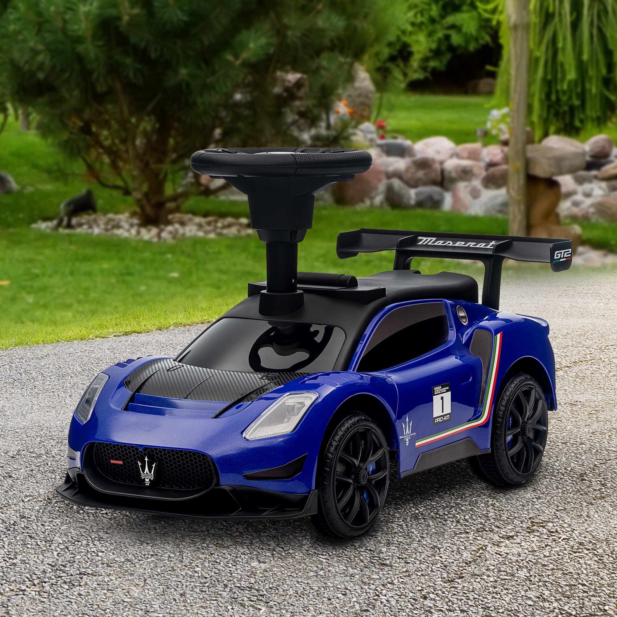 Qaba Licensed Maserati GT2 Baby Sliding Car with Storage, Music, Horn, Foot to Floor Toddler Car for 18-60 Months, Blue 