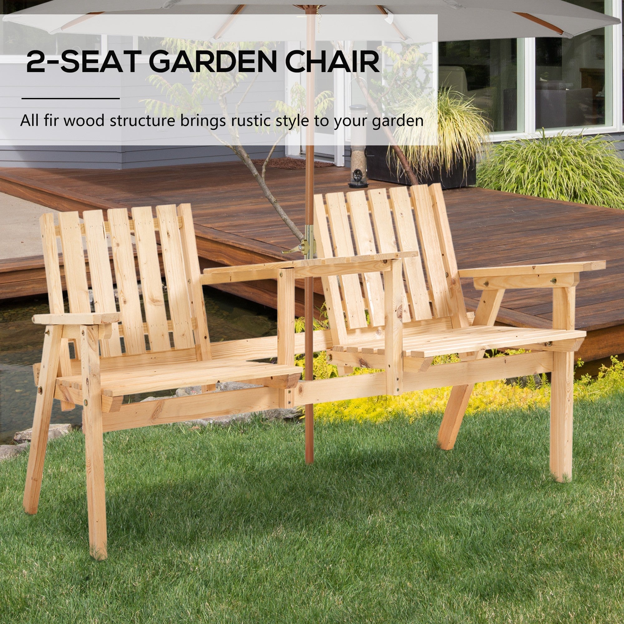 Outsunny Garden Bench for 2 Persons with Middle Table and Umbrella Hole, 2-Seater Outdoor Wooden Bench with Slat Design, Natural 
