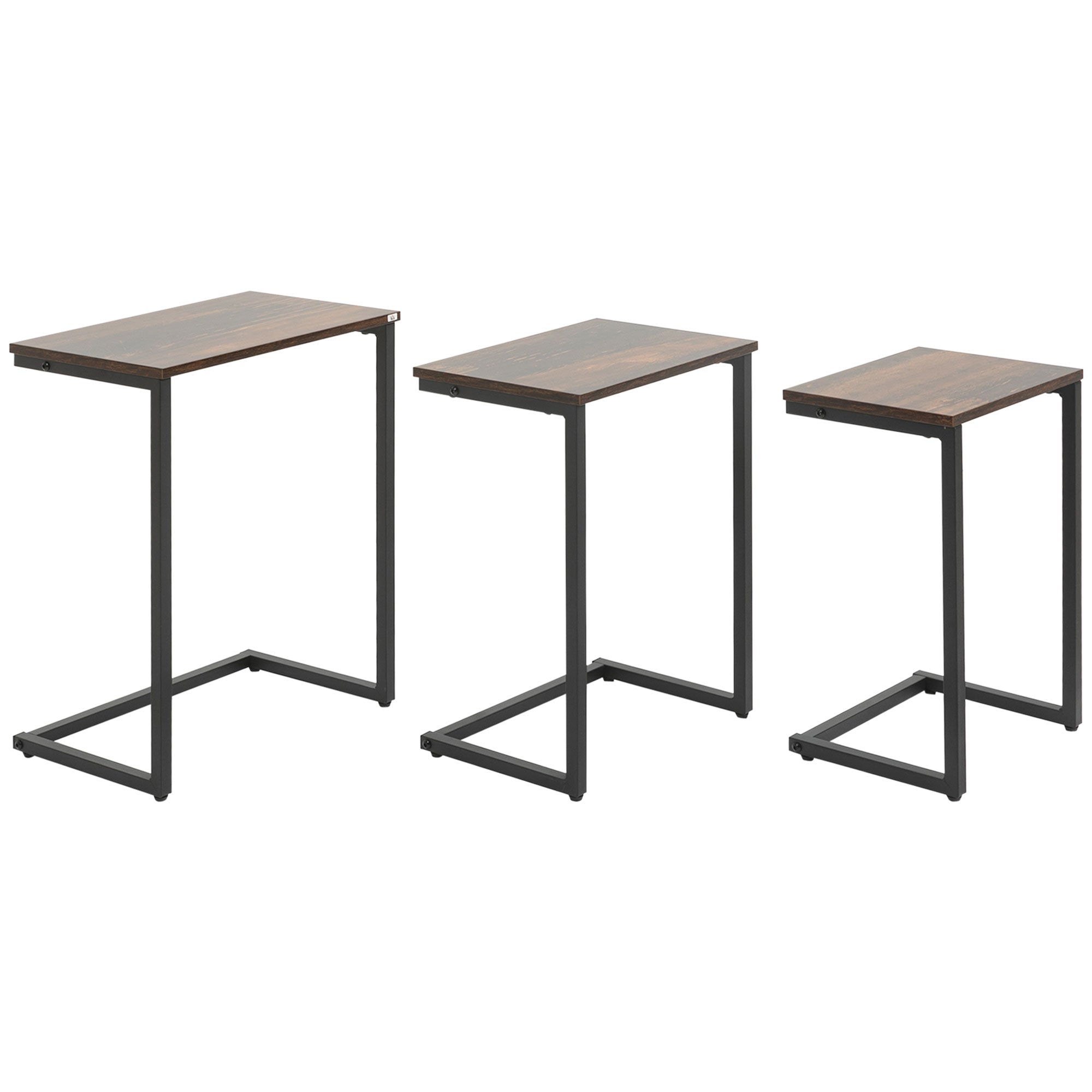 HOMCOM Rustic Nesting Tables: Set of 3 C-Shaped Snack Side Tables with Steel Frame for Sofa, Couch and Bed, Vintage Brown 
