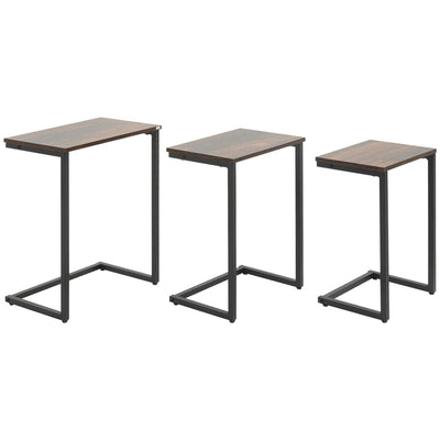 HOMCOM Rustic Nesting Tables: Set of 3 C-Shaped Snack Side Tables with Steel Frame for Sofa, Couch and Bed, Vintage Brown 