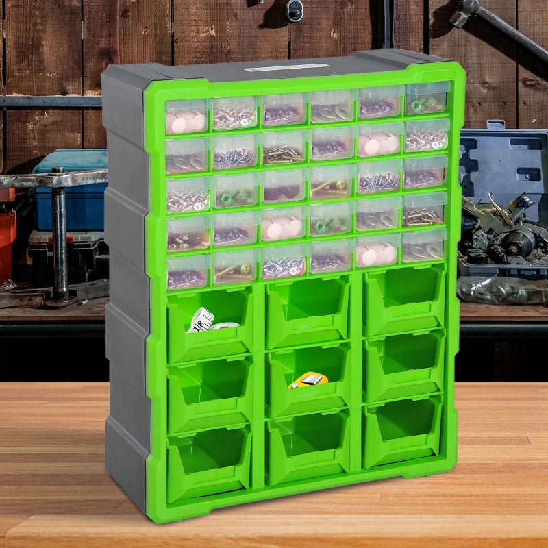 Plastic 39 Drawer Parts Organiser Wall Mount Storage Cabinet for Small Nuts Bolts Tool Green