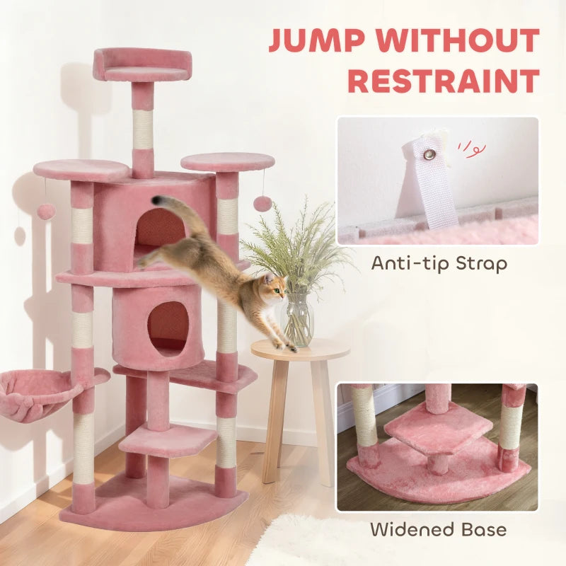 62" Cat Tree with Scratching Post, 2 Condos, Hammock, Perches, Plush, Pompoms, for Indoor Cats, Pink